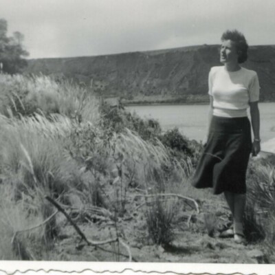 Renata Taube standing in the wild -- ca. 1950