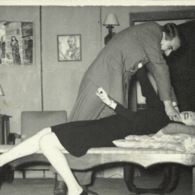 Scene from a play:  Rene Taube "strangles"  Gertie D'Amcourt  -- 1946