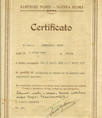 Heinz Grunewald's certificate, issued in Rome,