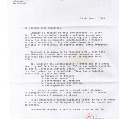 Letter from Prof. Benno Weiser Varon -- January 23, 1994