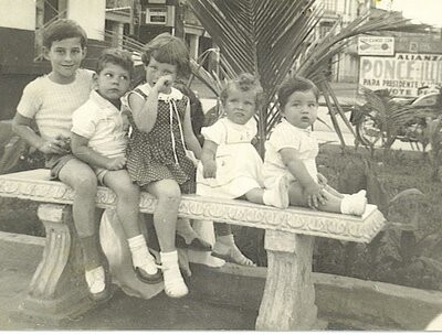 Cousins (from left): Fred Grunewald, Tom Koppel, Peggy Grunewald, Jeanny Koppel, Ralph Grunewald -- ca. 1956, Guayaquil