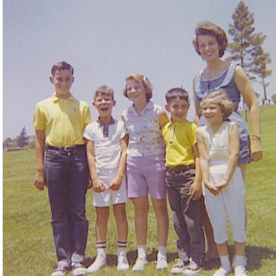 Cousins reunion in Colina del Sol Park (San Diego, CA): (L - R) Fred Grunewald, Tom Koppel, Peggy Grunewald, Ralph Grunewald, Jeanny Koppel, and Ilse Grunewald -- 1961, San Diego, CA