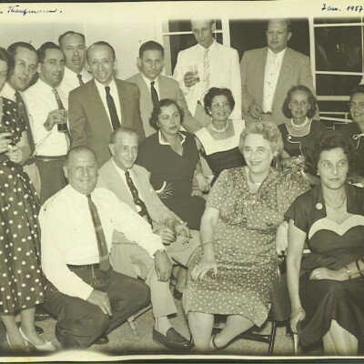 Photo taken at Bar Mitzvah of Danny Kaufmann:  Back row (L - R): Ilse Grunewald (nee Koppel) , Heinz Grunewald, ???,  ???, Jorge Kaufmann,  ???,  Alex Alexander, Arturo Fischler.   Second row (L - R):  Ruben Suster, Gustav Gumpel, Mrs. Albers, Rosy Kaufmsnn, ???, Miriam Alexander, Edith Koppel (nee Wellisch).   Front row (L - R):  Elisabeth (Lieschen) Gumpel (nee Partos) and Magda (Moschi) Koppel (nee Partos) -- 1957, Guayaquil