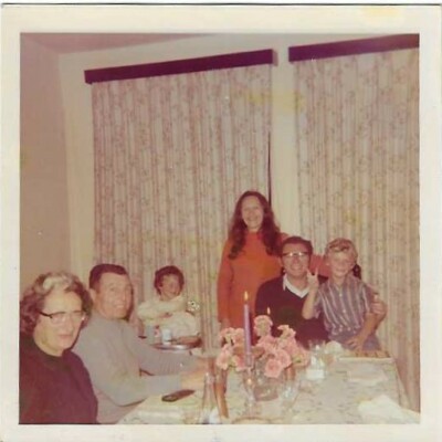 Cohen family in Quito 1971 at Shabbat dinner. L to R: Herta Sauer de Cohen, Abraham Cohen, Diana Cohen, Gail Hochman de Cohen, Enrique Cohen, Antonio Cohen.  (Submitted by Doris Rubenstein)